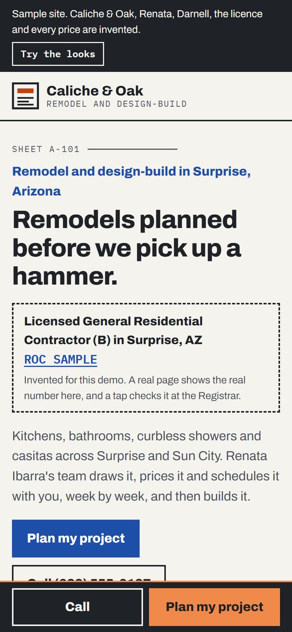 The first screen of Caliche & Oak, a sample site, on a phone