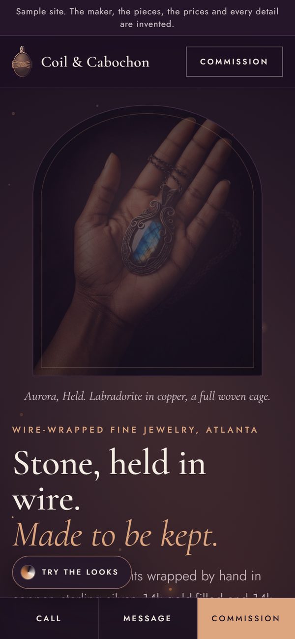 The first screen of Coil & Cabochon, a sample site, on a phone