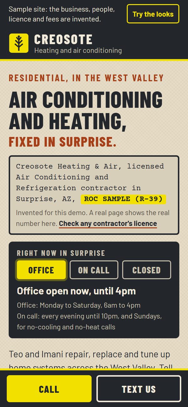 The first screen of Creosote Heating & Air, a sample site, on a phone