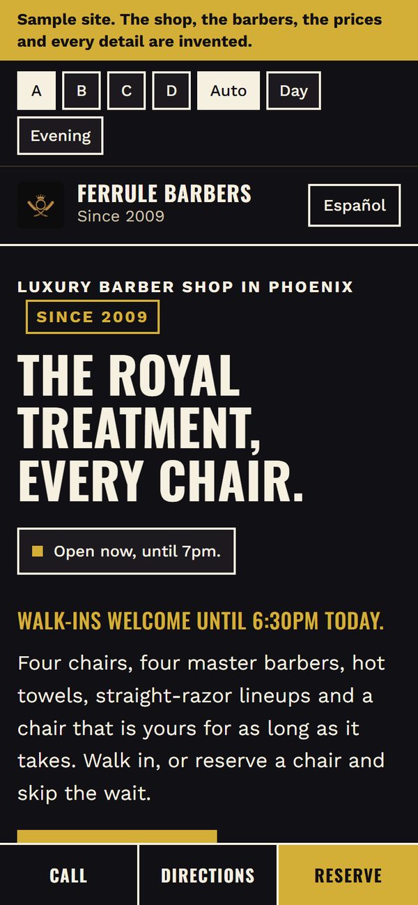 The first screen of Ferrule Barbers, a sample site, on a phone
