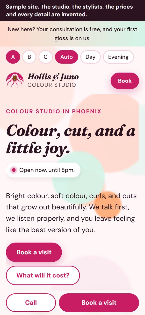 The first screen of Hollis & Juno Colour Studio, a sample site, on a phone