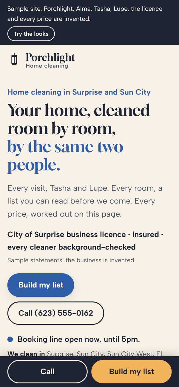 The first screen of Porchlight Home Cleaning, a sample site, on a phone
