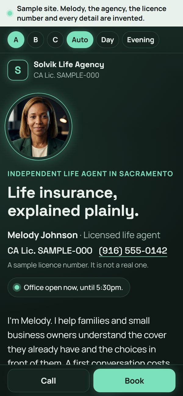 The first screen of Solvik Life Agency, a sample site, on a phone