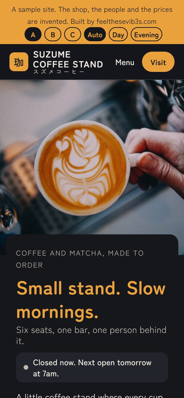 The first screen of Suzume Coffee Stand, a sample site, on a phone